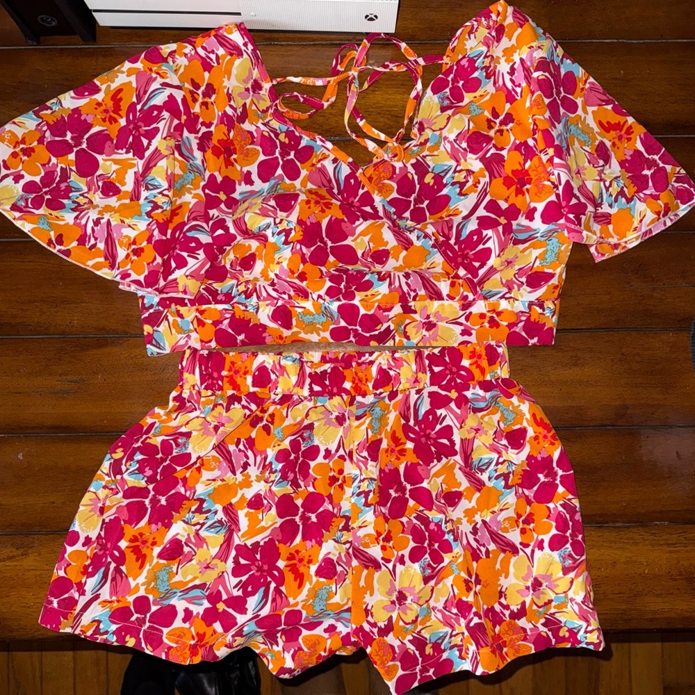 SHEIN Floral Print Two-Piece Set - Red, Orange, Yellow